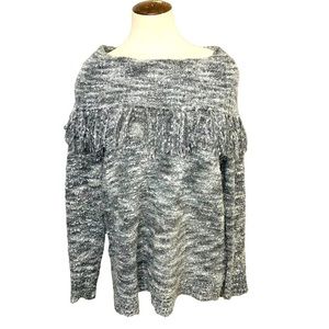 Ruby RD Gray White Knit Sweater Fuzzy Loops Fringed Cowl Neck Long Sleeves Sz M